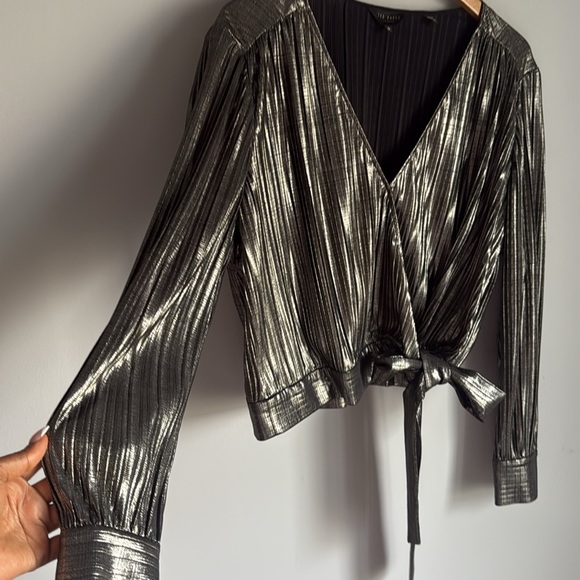Ted Baker Elwiira Gathered Metallic Wrap Top - Gray Large - Picture 5 of 11